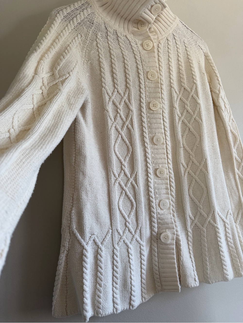 Cream Cable-Knit Button-Up Cardigan with Ribbed Funnel Collar - Picture 2 of 7